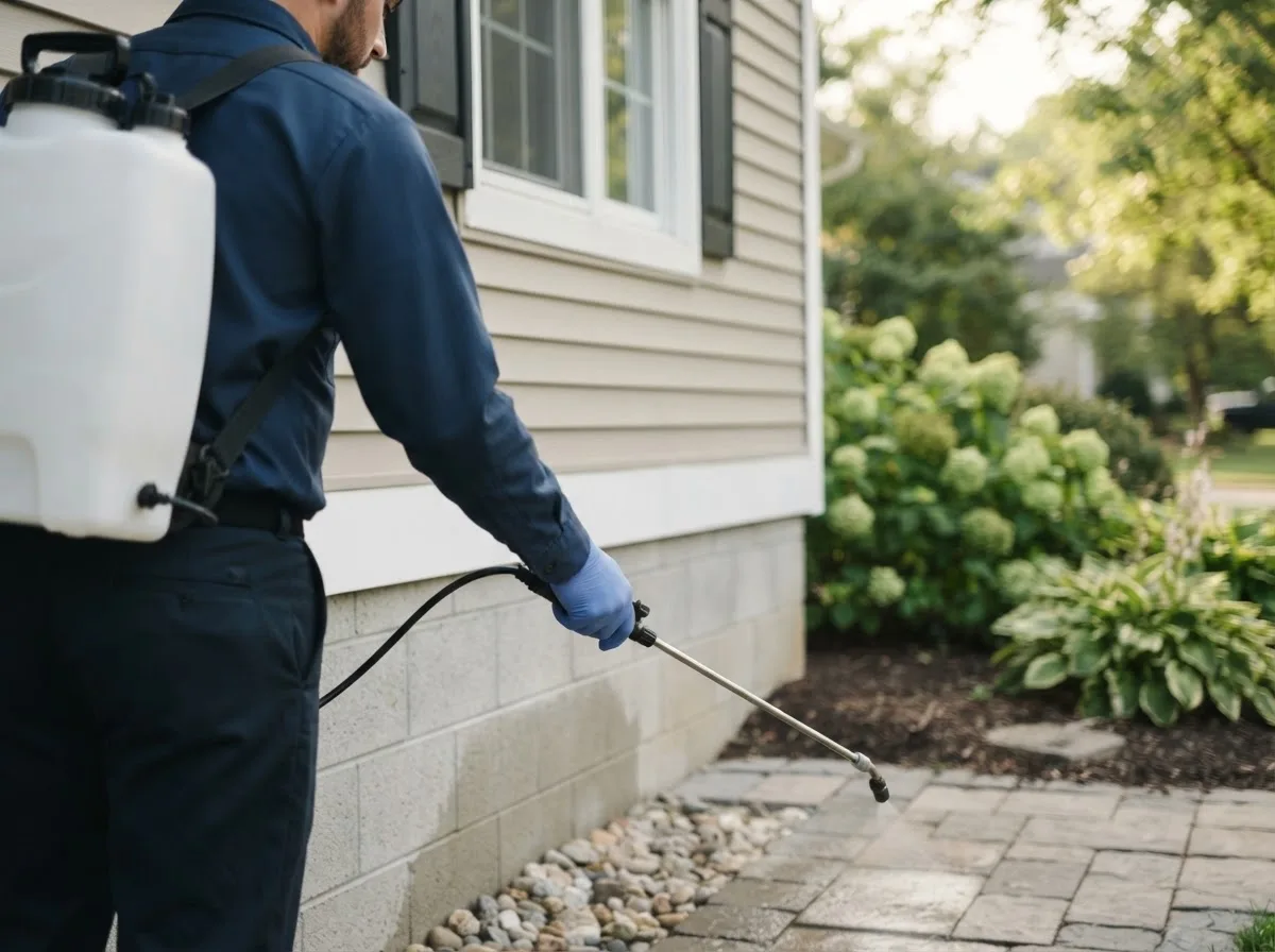 Pest control technician inspecting a home in Lizemores, WV